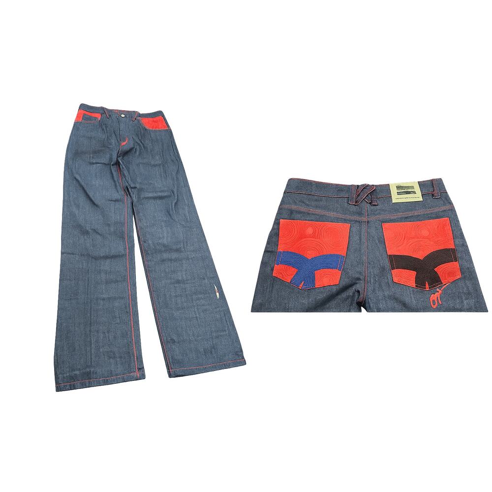 Coogi Wide Leg Jeans W40 L34 Red Contrast Stitching Embroidered Pockets Y2K